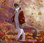  2020 anthro autumn brown_body brown_fur brown_hair conditional_dnp featureless_crotch fur gerbal gerbil hair leaf male mammal murid nakoo outside photo_background rodent scar solo tree walking white_body white_fur 