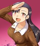  1girl asymmetrical_bangs bangs beni_(bluebluesky) black_hair blush breasts chi-hatan_military_uniform cleavage dutch_angle girls_und_panzer highres large_breasts long_hair looking_at_viewer nishi_kinuyo pink_background salute smile solo 