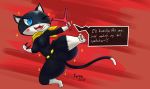  anthro atlus big_breasts blue_eyes breasts crossgender dialogue domestic_cat featureless_crotch felid feline felis female hi_res kawma mammal megami_tensei megami_tensei_persona morgana_(persona) mtf_crossgender ranged_weapon red_background short_stack simple_background slingshot solo thick_thighs video_games weapon 