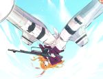  1girl animal_ears bunny_ears charlotte_e_yeager floating_hair flying gun highres holding holding_gun holding_weapon ishiyumi long_hair looking_at_viewer mecha_musume orange_hair rifle solo strike_witches upside-down weapon world_witches_series 