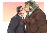  2boys alternate_costume animal_ears arsalan_(tokyo_houkago_summoners) bara beard black_hair black_suit blush brown_fur brown_suit bulge chest closed_eyes couple face-to-face facial_hair formal furry green_hair green_neckwear halo imminent_kiss lion_boy lion_ears male_focus medium_hair multiple_boys muscle noses_touching official_alternate_costume pectoral_docking red_neckwear short_hair striped_suit stubble tokyo_houkago_summoners upper_body yaoi youzora_samo18 zabaniya_(tokyo_houkago_summoners) 