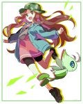  1girl bike_shorts brown_hair buttons camouflage_headwear celebi coat commentary eyelashes fingernails floating_hair gen_2_pokemon green_coat hari611 hat highres leaf_(pokemon) leg_up long_hair long_sleeves mythical_pokemon open_mouth outstretched_arms pokemon pokemon_(creature) pokemon_(game) pokemon_masters_ex shoes smile tongue 