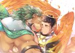  2boys animal_ears arsalan_(tokyo_houkago_summoners) bara beard black_bodysuit black_hair blush bodysuit brown_fur cape close-up closed_eyes couple facial_hair fiery_wings fingernails furry green_cape green_hair halo happy imminent_hug light_smile lion_boy lion_ears male_focus medium_hair multiple_boys muscle sharp_fingernails short_hair smile stubble tokyo_houkago_summoners yaoi youzora_samo18 zabaniya_(tokyo_houkago_summoners) 