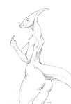  anthro breasts butt dinosaur female hadrosaurid hi_res looking_back monochrome non-mammal_breasts ornithischian parasaurolophus reptile scalie simple_background solo upai white_background 