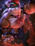  2020 anthro armband biceps body_hair bowser bowser_day bulge castle chest_fur chest_hair choker claws clothing drawller facial_hair fangs genitals goatee grin hair happy_trail hi_res high-angle_view horn jewelry koopa lava looking_at_viewer male mario_bros mostly_nude musclegut muscular muscular_anthro muscular_male necklace nintendo nipples open_mouth pecs penis pubes quads red_eyes red_hair scales scalie sharp_teeth shell smile solo speedo spikes swimwear teeth toe_claws triceps vein veiny_penis video_games wristband 