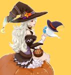  1girl basket candy corrin_(fire_emblem) corrin_(fire_emblem)_(female) fire_emblem fire_emblem_fates food from_side hat highres long_hair long_sleeves open_mouth pointy_ears pumpkin red_eyes sitting solo ultrablueanya white_hair witch_hat 