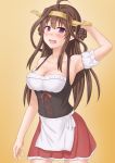 1girl ahoge alternate_costume anti_(untea9) apron arm_behind_head arm_up armpits bangs bodice breasts brown_hair cleavage collarbone detached_sleeves dirndl double_bun eyebrows_visible_through_hair german_clothes highres kantai_collection kongou_(kantai_collection) long_hair looking_at_viewer puffy_short_sleeves puffy_sleeves purple_eyes red_skirt remodel_(kantai_collection) short_sleeves skirt solo underbust waist_apron white_apron 