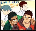  4boys akashi_(live_a_hero) alternate_costume arm_around_shoulder bandaid bandaid_on_face bandaid_on_nose blue_eyes blue_hair casual collarbone copyright_name doctor facial_hair facial_scar glasses green_eyes green_jacket hands_together hood hoodie ioren_(live_a_hero) itto_(mentaiko) jacket kyoichi_(live_a_hero) live_a_hero male_focus mask multicolored_hair multiple_boys muscle own_hands_together pout rakta_(live_a_hero) red_eyes red_hair scar short_hair sideburns smile streaked_hair thick_eyebrows thumbs_up upper_body 