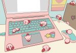  2020 ambiguous_gender biped blue_eyes cable computer computer_mouse desk eyes_closed furniture hi_res inside kirby kirby_(series) laptop lying misdoailovez nintendo not_furry on_side pink_body running sitting solo video_games waddling_head 