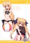  1girl absurdres ball beachball bikini black_bikini black_legwear black_leotard blonde_hair blush breasts cameltoe closed_mouth eyebrows_visible_through_hair fate_testarossa groin hair_ornament hair_ribbon highres leotard long_hair looking_at_viewer lyrical_nanoha mahou_shoujo_lyrical_nanoha mahou_shoujo_lyrical_nanoha_a&#039;s multiple_views navel open_mouth raiou red_eyes ribbon shiny shiny_hair small_breasts smile swimsuit swimwear thighhighs twintails 