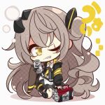  1girl 7:08 armband bangs black_jacket black_skirt blush_stickers brown_hair can chibi commentary_request eyebrows_visible_through_hair full_body girls_frontline hair_between_eyes hair_ornament highres holding holding_can jacket knee_pads long_hair looking_at_viewer mod3_(girls_frontline) one_eye_closed open_clothes open_jacket scar scar_across_eye shirt sitting skirt smile solo ump45_(girls_frontline) white_shirt yellow_eyes yellow_neckwear 