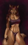  2020 absurd_res anthro bra breasts bulge canid canine canis clothed clothing digital_drawing_(artwork) digital_media_(artwork) fur gynomorph hair herm_(lore) hi_res himeragoldtail intersex looking_at_viewer mammal paws pinup pose rena solo topwear underwear wolf 