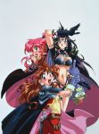  1990s_(style) 3girls araizumi_rui arm_strap armor blue_eyes blush breasts cape circlet earrings fang fur_trim gloves high_ponytail highres index_finger_raised jewelry large_breasts lina_inverse long_hair looking_at_viewer marlene_(slayers) multiple_girls naga_the_serpent navel official_art open_mouth pauldrons pink_hair purple_eyes purple_hair red_eyes red_hair shoulder_armor simple_background skull slayers sword weapon white_background 