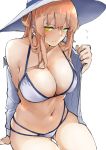  1girl absurdres ass_visible_through_thighs bangs bikini breasts cleavage collarbone collared_shirt commentary eyebrows_visible_through_hair flying_sweatdrops girls_frontline green_eyes halterneck hat highres kyoyakyo large_breasts long_hair looking_at_viewer m1903_springfield_(girls_frontline) multi-strapped_bikini navel open_clothes open_shirt seductive_smile shirt sidelocks simple_background sitting smile solo string_bikini sun_hat swimsuit white_background white_bikini white_shirt 