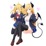  2girls ;d absurdres ahoge bangs blazer blonde_hair blue_eyes blush bow bowtie breasts cleavage collarbone collared_shirt demon_girl demon_horns demon_tail demon_wings eyebrows_visible_through_hair fang felutiahime hair_ornament hair_ribbon hairclip hand_up head_wings highres hololive horns jacket large_breasts loafers long_hair looking_at_viewer multiple_girls one_eye_closed open_mouth plaid pointy_ears ribbon shirt shoes skin_fang smile tail thighhighs tress_ribbon vampire virtual_youtuber wing_tattoo wings yozora_mel yuzuki_choco 