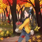  1girl animal_ear_fluff animal_ears autumn_leaves bangs black_hair blue_eyes breasts cat_ears cat_tail choker eyebrows_visible_through_hair forest gloves highres jacket looking_at_viewer medium_breasts motion_blur nature nekoze_(s22834712) open_clothes open_jacket original parted_bangs ponytail solo tail tu_ya_(nekoze) white_gloves 