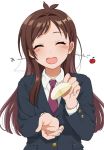  1girl apple apple_slice blush brown_hair closed_eyes feeding food fruit hair_intakes idolmaster idolmaster_cinderella_girls long_hair mattaku_mousuke necktie pov school_uniform solo translated tsujino_akari white_background 