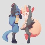  1:1 2020 ambiguous_gender anthro blue_body blue_fur blush braixen breasts canid canine featureless_breasts female fur grey_background hi_res holding_leg lucario mammal nintendo nyaswitchnya on_one_leg pok&eacute;mon pok&eacute;mon_(species) raised_leg red_eyes simple_background smile standing video_games yellow_body yellow_fur 