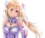  1girl aki_rosenthal arm_up bangs bare_shoulders blonde_hair blush breasts cleavage cleavage_cutout clothing_cutout detached_hair dress flower hair_flower hair_ornament hairclip haruka_kuromiya hololive looking_at_viewer medium_breasts open_mouth parted_bangs purple_eyes sidelocks simple_background solo twintails virtual_youtuber white_background white_dress 