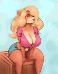  2020 activision anthro arm_support bandicoot big_breasts black_nose blonde_hair blue_bottomwear blue_clothing blue_shorts bottomwear breasts brown_body brown_skin cleavage clothed clothing countershading crash_bandicoot_(series) crate digital_media_(artwork) female front-tie_top front_view green_eyes hair hair_over_eye hi_res leaning leaning_forward long_hair looking_at_viewer mammal marsupial midriff one_eye_obstructed pink_clothing pink_shirt pink_topwear shinyglute shirt shorts simple_background sitting solo tan_countershading tawna_bandicoot topwear video_games 