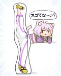  1girl ahoge animal_ears blush cat_ears cat_girl cat_tail chibi chin_rest commentary emphasis_lines hololive looking_at_viewer matarou_(matarou072) nekomata_okayu pink_hair purple_eyes purple_hair simple_background solo split standing standing_on_one_leg standing_split tail translated virtual_youtuber white_background 