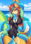  anthro beach blue_eyes breasts canid canine clothed clothing cloud cloudscape detailed_background female fox fur grace_kaiser gyuumu hair hi_res mammal medium_breasts multicolored_body multicolored_fur multicolored_hair orange_hair sand sea seaside sky solo swimwear tentacles two_tone_body two_tone_fur two_tone_hair water 