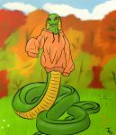 anthro apode clothed clothing cobra draconcopode female green_body green_scales hi_res immoveableguide jacket kiwi_(immoveableguide) naga red_eyes reptile scales scalie serpentine simple_background smile snake snake_hood solo topwear 