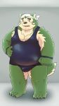  2020 absurd_res anthro belly blush bulge canid canine canis clothed clothing domestic_dog fur green_body green_fur hi_res humanoid_hands k_gutless kemono live-a-hero male mammal mokdai overweight overweight_anthro overweight_male solo video_games 