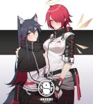  2girls animal_ear_fluff animal_ears arknights bangs belt black_belt black_capelet black_hair black_legwear breasts capelet commentary exusiai_(arknights) food food_in_mouth hair_over_one_eye halo hanenosaki high_collar highres jacket long_hair long_sleeves looking_at_viewer mouth_hold multiple_girls pantyhose penguin_logistics_logo pocky raglan_sleeves red_hair short_hair short_sleeves small_breasts smile symbol_commentary texas_(arknights) very_long_hair white_jacket wolf_ears yellow_eyes 