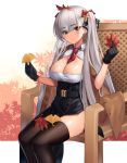  1girl absurdres autumn_leaves azur_lane bangs belt between_breasts blush breasts cleavage cleavage_cutout clothing_cutout dress eyebrows_visible_through_hair formidable_(azur_lane) gloves grey_hair highres holding holding_leaf large_breasts leaf long_hair looking_at_viewer lordol necktie necktie_between_breasts red_eyes ribbon side_slit sitting solo thighhighs twintails two-tone_ribbon very_long_hair 