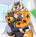  absurd_res anthro blush canid canine canis cape clothing dog_operator domestic_dog duo felid hi_res hug kuroamekemo live-a-hero male male/male mammal mask muscular muscular_male pantherine pec_grasp pecs protagonist_(live-a-hero) raiki size_difference superhero tiger 