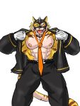  3:4 abs anthro clothing eyebrows felid flashing hi_res kaltet0818 live-a-hero male mammal mask muscular muscular_anthro muscular_male necktie nipples one_eye_closed pantherine pecs raiki solo suit superhero thick_eyebrows tiger wink 