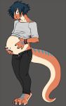  10:16 anthro belly bushy_hair clothed clothing clothing_lift hands_on_belly hi_res inflation lizard long_tail looking_down male male_pregnancy navel orange_body pregnant reptile scalie shirt shirt_lift solo the-narutoshi topwear unzipped unzipped_pants 
