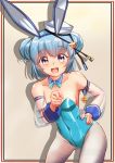  1girl absurdres alternate_costume animal_ears aqua_hair blue_leotard blue_neckwear blush breasts bunny_ears bunny_tail detached_collar detached_sleeves dixie_cup_hat double_bun eyebrows_visible_through_hair fake_animal_ears fang fishnet_legwear fishnets hand_on_hip hat highres kantai_collection leotard medium_breasts military_hat moke_ro open_mouth pantyhose playboy_bunny pointing pointing_at_viewer samuel_b._roberts_(kantai_collection) see-through see-through_sleeves short_hair simple_background solo star_(symbol) tail 