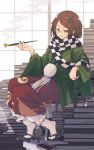  1girl absurdres artist_name black_scarf book_stack bottle bracelet brown_hair checkered checkered_scarf commentary fingernails full_body futatsuiwa_mamizou futatsuiwa_mamizou_(human) geta glasses haori highres holding holding_pipe indoors japanese_clothes jewelry kiseru leaf leaf_on_head long_fingernails long_sleeves looking_at_viewer medium_hair open_mouth pipe pom_pom_(clothes) sake_bottle scarf senzaicha_kasukadoki sitting smile smoke solo tabi touhou white_legwear white_scarf yellow_eyes 