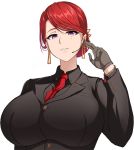  bead_bracelet beads bracelet breasts c-77_hongryeon earrings formal gloves grey_gloves highres huge_breasts impossible_clothes jewelry large_breasts last_origin medium_hair microphone mole mole_under_mouth necktie parted_lips pink_eyes red_hair red_neckwear simple_background smile suit tied_hair upper_body waga_(user_ptfu4774) white_background 
