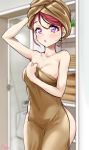  1girl akiki_(kiki) artist_name bangs bathtub blurry blurry_background breasts brown_towel cleavage commentary covered_navel covering cowboy_shot depth_of_field eyebrows_visible_through_hair hand_on_own_head highres holding holding_towel indoors light_blush looking_at_viewer love_live! love_live!_school_idol_project medium_breasts nishikino_maki parted_lips purple_eyes red_hair solo standing swept_bangs towel towel_on_head 