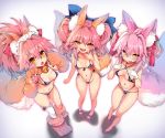  3girls animal_ear_fluff animal_ears bangs bare_shoulders bell bell_collar bikini blue_bikini blush breasts collar collarbone double_bun fate/extra fate/grand_order fate_(series) fox_ears fox_girl fox_tail gloves hair_between_eyes highres jingle_bell koyanskaya long_hair looking_at_viewer micro_bikini multiple_girls navel paw_gloves paw_shoes paws pink_hair ponytail shoes sidelocks small_breasts smile swimsuit tail tamamo_(fate)_(all) tamamo_cat_(fate) tamamo_no_mae_(fate) tassel thighhighs tongue tongue_out twintails wisespeak yellow_eyes younger 