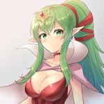  1girl breasts cape cleavage closed_mouth fire_emblem fire_emblem_awakening green_eyes green_hair highres long_hair miragetiki pointy_ears ponytail simple_background solo tiara tiki_(fire_emblem) upper_body 