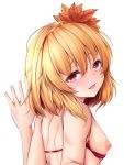  1girl :d aki_shizuha back bangs bare_shoulders blonde_hair blush breastless_clothes breasts hair_ornament hairband koza900 leaf leaf_hair_ornament nipples open_mouth red_eyes short_hair shoulder_blades sidelocks small_breasts smile solo touhou 