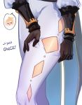  1girl adjusting_clothes black_gloves blush cape clothing_cutout diamond_cutout english_text genshin_impact gloves highres jean_gunnhildr legs long_sleeves lower_body pants skin_tight solo spoken_character vambraces white_background white_pants yoruny 