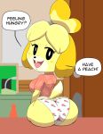  2020 animal_crossing anthro big_butt blonde_hair blush blush_stickers butt canid canine canis clothed clothing dialogue digital_media_(artwork) domestic_dog english_text female hair hi_res isabelle_(animal_crossing) looking_at_viewer looking_back mammal nintendo open_mouth open_smile panties shih_tzu shirt sitting smile solo speech_bubble talking_to_viewer tansau teeth text thick_thighs topwear toy_dog underwear video_games 