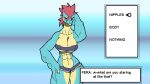  16:9 abs animated anthro anthrofied athletic blue_body blue_scales blue_skin bottomwear breasts clothed clothing eyelashes female feraligatr gameplay_mechanics hair hand_behind_head hand_on_hip hotpants humor jijis-waifus looking_at_viewer menu multicolored_body muscular muscular_female nintendo nipple_outline non-mammal_breasts parody pok&eacute;mon pok&eacute;mon_(species) pok&eacute;morph purple_eyes red_hair scales scalie short_playtime shorts simple_background skimpy solo text tube_top two_tone_body video_games widescreen yellow_body yellow_skin 