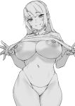  1girl blush breasts closed_mouth eyebrows_visible_through_hair greyscale hatching_(texture) large_breasts lifted_by_self long_hair looking_at_viewer monochrome navel obmas_(pfeito) original panties shirt_lift simple_background sketch smile solo thick_thighs thighs underwear white_background 