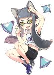  1girl :3 animal_ears arm_up armpits bangs basketball_jersey bike_shorts black_shorts blue_footwear blunt_bangs cat_ears domino_mask fang floating green_eyes grey_hair highres inkling long_hair looking_at_viewer mask midriff_peek no_socks open_mouth paw_pose pointy_ears print_shirt shirt shoes shorts simple_background single_vertical_stripe sleeveless sleeveless_shirt smile sneakers solo splat_bomb_(splatoon) splatoon_(series) takeko_spla tentacle_hair white_background white_shirt 