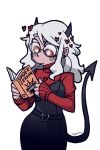  artist_name belt black_horns blush book demon_girl demon_horns demon_tail glasses heart heart-shaped_pupils heart_belt helltaker horns kiyovero looking_down modeus_(helltaker) reading symbol-shaped_pupils tail white_hair 