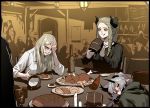  3girls :q =_= black_border blonde_hair boned_meat border bottle brakka_(gogalking) clenched_teeth commentary d: earrings food gogalking grey_eyes grey_hair hair_tubes hand_on_own_face hand_up highres hood hood_down horizontal_pupils horns indoors jewelry leonir_(gogalking) licking_lips meat multiple_girls oni_(gogalking) open_mouth original people plate pointy_ears ponytail shirt side_braids sitting smile steak symbol_commentary table tavern teeth tongue tongue_out white_shirt yellow_eyes 
