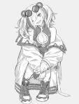  1girl animal_ears arknights bluuue breasts china_dress chinese_clothes cleavage cleavage_cutout clothing_cutout dress eyewear_on_head feater_(arknights) greyscale monochrome off-shoulder_jacket one_eye_closed panda_ears shoes sneakers squatting sunglasses twintails 