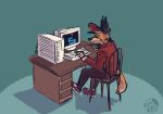  2020 anthro balkanfur black_ears black_nose bottomwear canid canine canis clothed clothing computer computer_keyboard computer_monitor computer_mouse desk digital_media_(artwork) dipstick_tail footwear furniture gaming hand_on_object hat headgear headwear jackal male mammal multicolored_tail orange_sclera pants red_clothing red_topwear shoes simple_background sitting sitting_on_chair solo topwear 