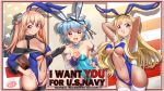  3girls adapted_costume alternate_costume american_flag animal_ears aqua_hair arm_up armpits arms_behind_head arms_up artist_logo bare_shoulders black_gloves black_legwear blonde_hair blue_eyes blue_leotard blue_neckwear blush bow bowtie breasts brown_eyes bunny_ears bunny_tail cleavage commentary_request dated detached_collar detached_sleeves dixie_cup_hat double_bun eyebrows_visible_through_hair fake_animal_ears fang fishnet_legwear fishnets flag_background fletcher_(kantai_collection) gloves hand_on_hip hat highres i_want_you johnston_(kantai_collection) kantai_collection large_breasts leotard light_brown_hair long_hair looking_at_viewer medium_breasts military_hat moke_ro multiple_girls navel open_mouth pantyhose playboy_bunny pointing pointing_at_viewer samuel_b._roberts_(kantai_collection) see-through see-through_sleeves short_hair signature simple_background single_glove star_(symbol) strapless strapless_leotard tail thighhighs two_side_up 